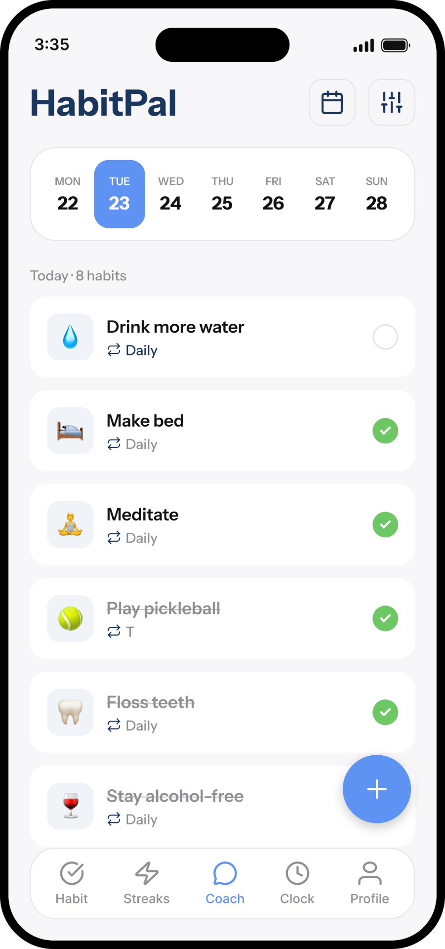 HabitPal app showing today's habits with check-off list
