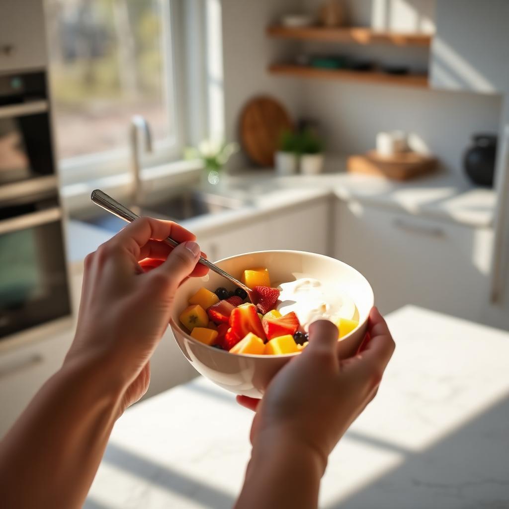 Hands holding a fresh fruit and yogurt breakfast bowl in a bright kitchen