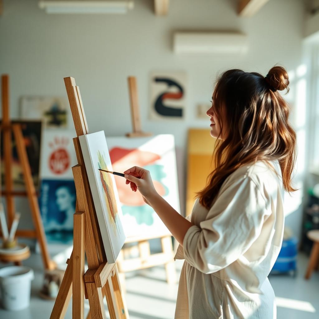 Woman painting in a sunny art studio, practicing a creative habit