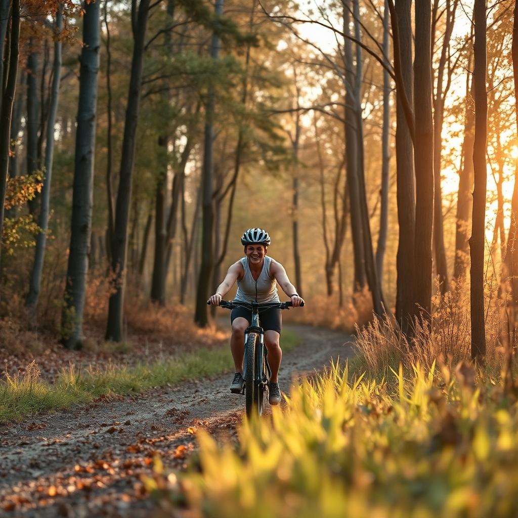 Cyclist riding through an autumn forest at golden hour