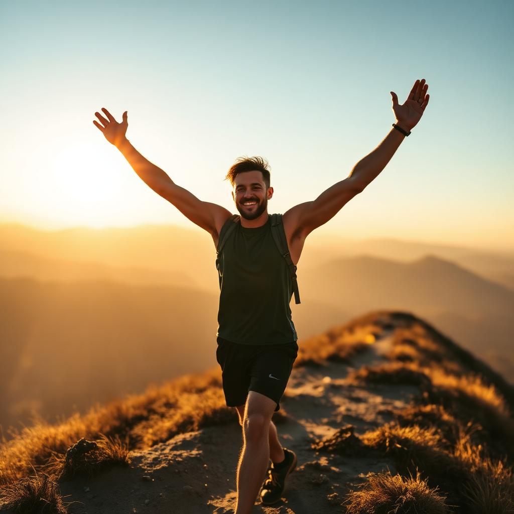 Man celebrating reaching the top of a mountain at sunrise