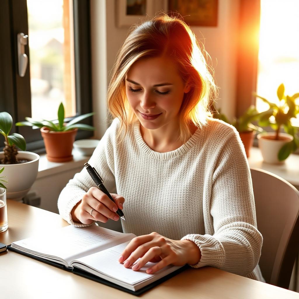 Woman writing in a planner during a sunlit afternoon
