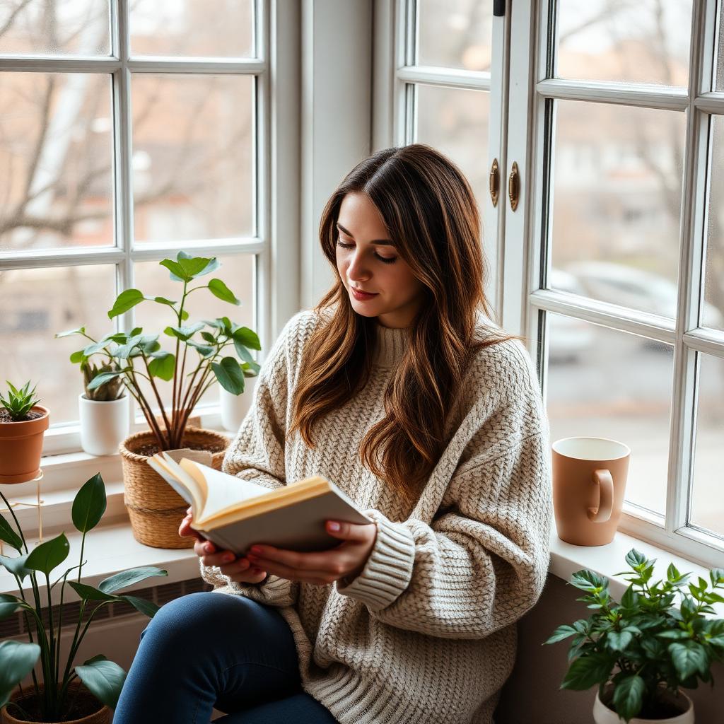 Woman reading by a window during a morning routine